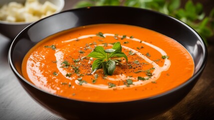 A bowl of creamy tomato and roasted red pepper bisque