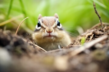 Naklejka na ściany i meble sharp focus on chipmunk whiskers as it gnaws near burrow