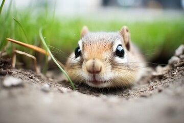 chipmunk with cheeks full near hole in ground