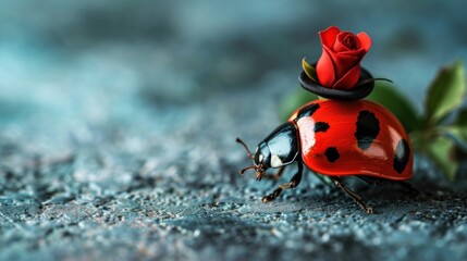  a ladybug with a rose on top of it's back legs sitting on a piece of wood.