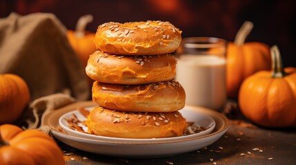 A stack of pumpkin spice bagels with cinnamon cream cheese