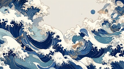 Fototapeta na wymiar Rough waves Navy Watercolor style Japanese background, Japanese painting
