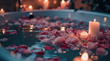  a candle that is sitting in a tub of water with rose petals on the bottom of the water and candles in the middle of the water. - obrazy, fototapety, plakaty