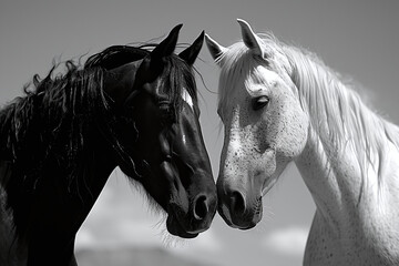 portrait of horses, black stallion and white horse, inseparable couple, opposites attract