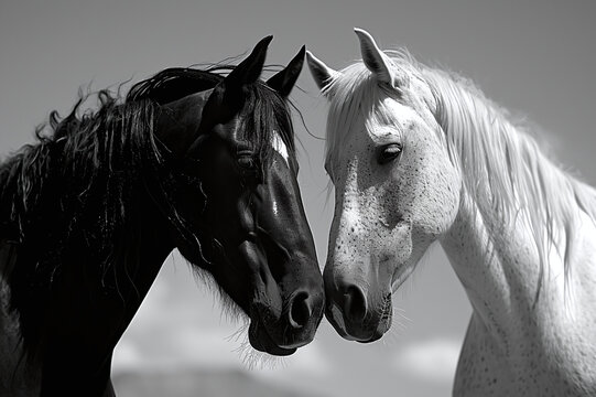 portrait of horses, black stallion and white horse, inseparable couple, opposites attract