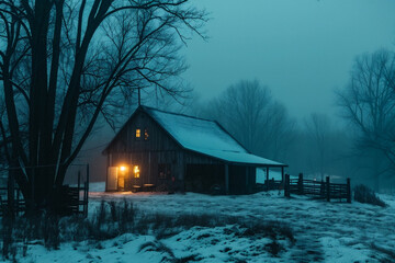 Old wooden house in a foggy winter night. Winter landscape.