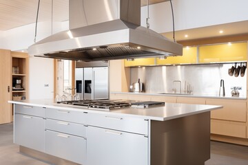Fototapeta premium stainless steel kitchen with a central island and ventilation above