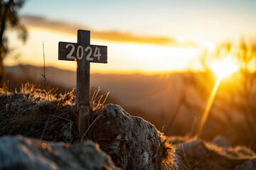 Wooden cross with the inscription 2024 on the background of the setting sun