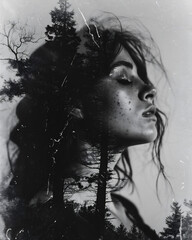Artistic portrait of a beautiful woman in the forest. Black and white.