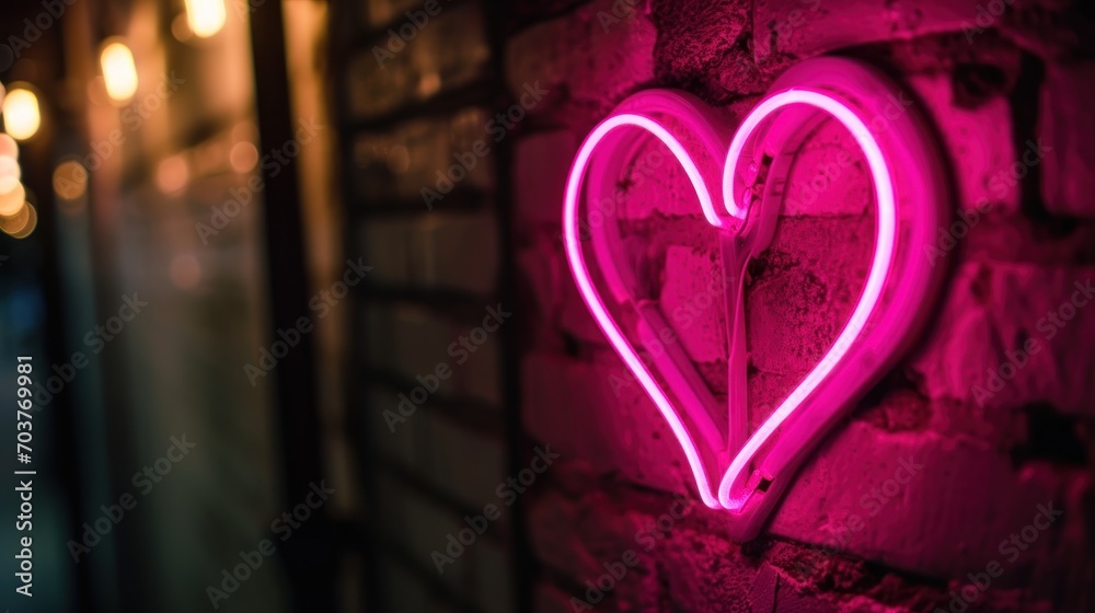 Canvas Prints  a heart - shaped neon sign on a brick wall in a dark alleyway, with lights in the background.