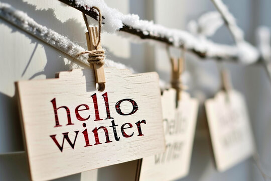 Wooden signboard with the inscription Hello winter