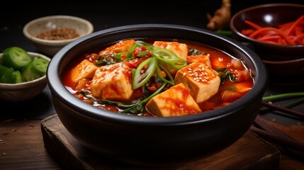 A bowl of spicy Korean kimchi soup with tofu and vegetables