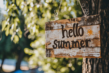 Wooden signboard with the text Hello Summer hanging on a tree