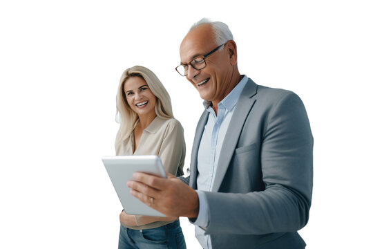 A woman and an old man use a tablet positive managers business people in a shirt office employee. Transparent background.