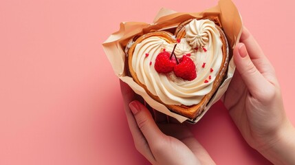  a person holding a heart shaped cake with whipped cream and strawberries on top of it on a pink background.