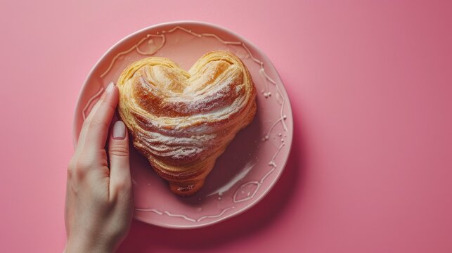  a person is holding a heart shaped pastry on a pink plate with a heart shaped pastry on top of it.