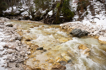 clean river snowy rocks background