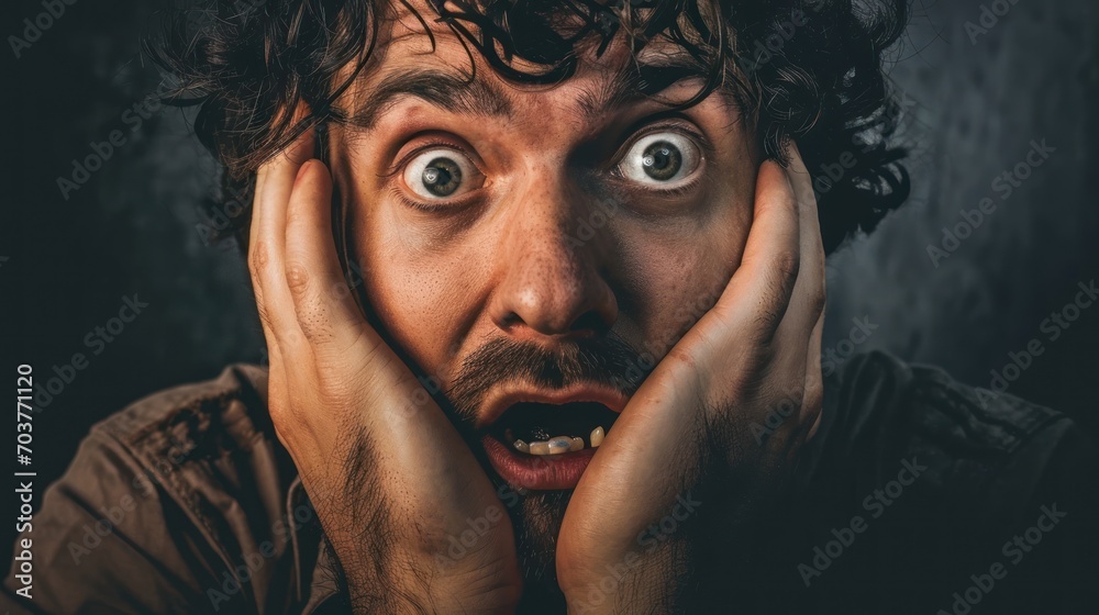 Canvas Prints  a close up of a person holding his hands to his face with a surprised look on his face with his eyes wide open.