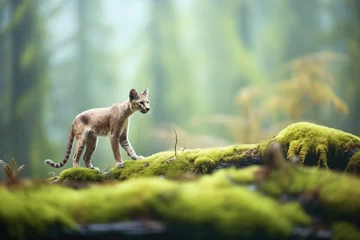 Rucksack misty forest background with stalking cougar © primopiano