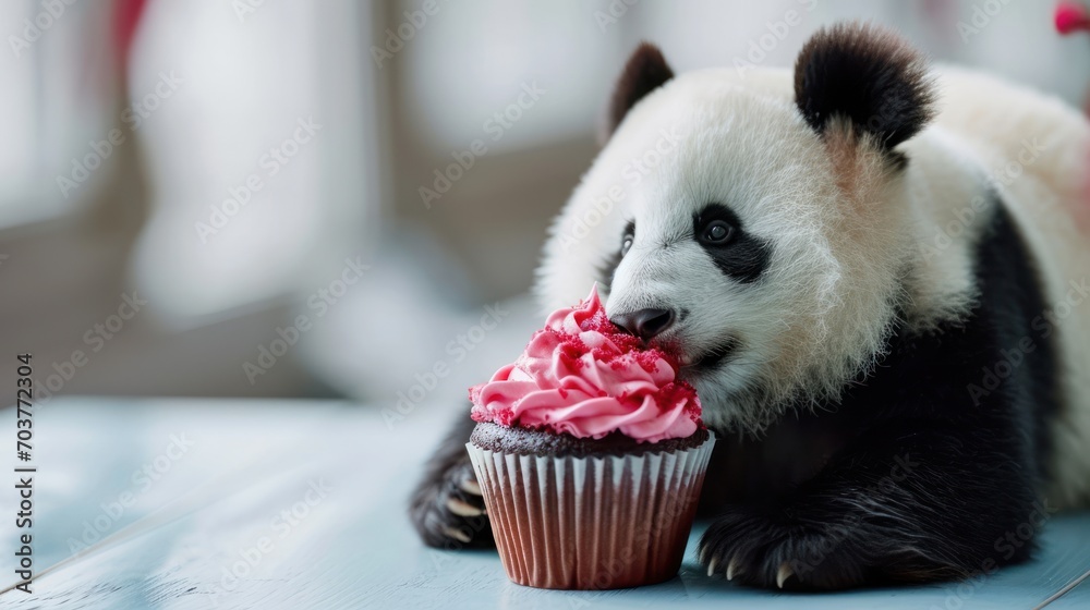 Canvas Prints  a panda bear eating a cupcake with a pink frosting on it's face in a zoo enclosure.