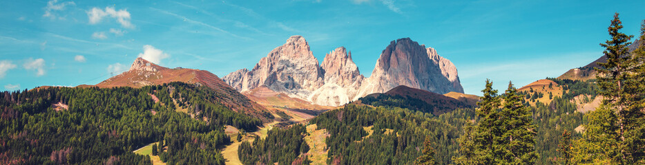Mountain landscape background. The Dolomites in South Tyrol, Italy, Europe. Horizontal banner
