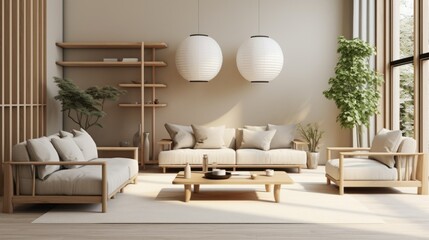 Modern interior japandi style design living room in natural tones. Scandinavian-inspired furniture,...