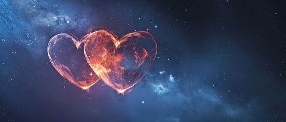 two heart shaped objects in the middle of a space filled with stars and a blue sky with stars in the background.