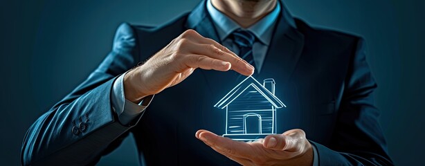 Confident Real Estate Agent Presenting Virtual Home Insurance - obrazy, fototapety, plakaty