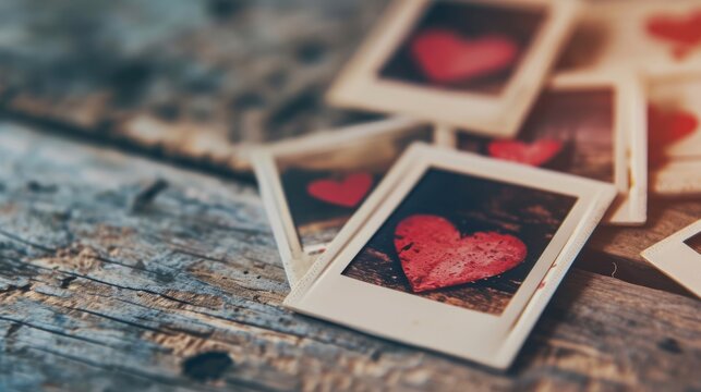  a group of pictures with a heart on them sitting on a piece of wood next to a pair of scissors.