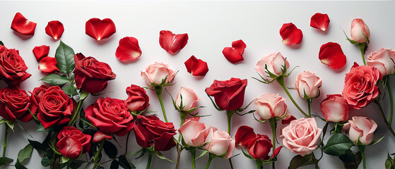 A bunch of pink and red roses and petals aginst a white background. Wide scale image with copyspace.	