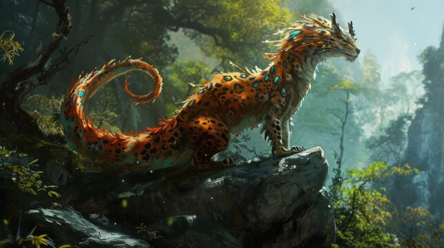  a painting of a dragon sitting on a rock in the middle of a forest with lots of trees in the background.