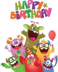 Obraz na płótnie Canvas Cute cartoon Monsters. Vector set of cartoon monsters with balloons and party hats for birthday party. Illustration isolated