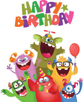 Cute cartoon Monsters. Vector set of cartoon monsters with balloons and party hats for birthday party. Illustration isolated