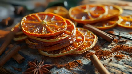 Dried orange slices with cinnamon sticks and star anise on wooden background