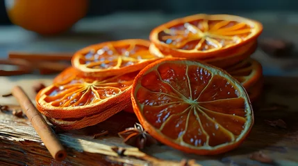 Foto op Plexiglas Dried orange slices and cinnamon sticks on a wooden table. Selective focus. © shameem