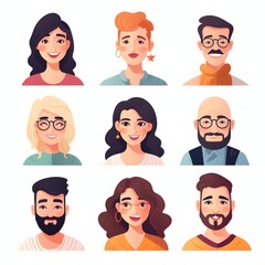 Flat Vector Cartoon Portrait Set of Male and Female