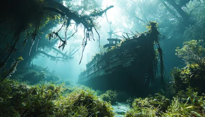 Fotobehang Schipbreuk Old abandoned ship wreck in the jungle, Bali island, Indonesia