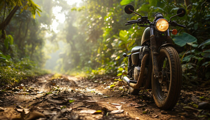 Motorcycle parked on a dirt road in the rainforest, Thailand