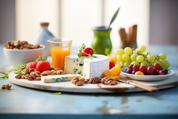 artisan cheese platter with nuts and fruit - obrazy, fototapety, plakaty