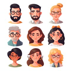 Flat Vector Cartoon Portrait Set of Male and Female