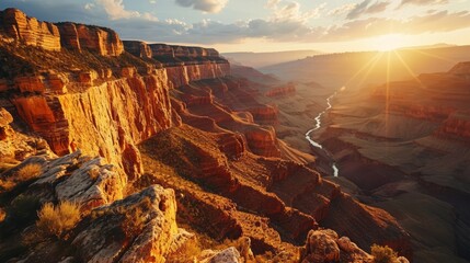 Generative AI conic canyon rims, drone's altitude, sun setting, rugged terrain, high-definition sunset tableau in the Grand Canyon - Powered by Adobe
