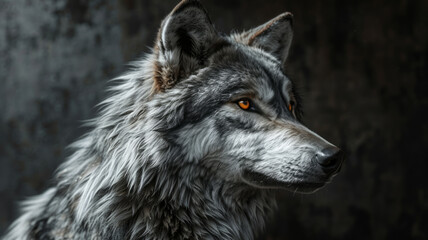 Portrait of a wolf with an orange eyes on a dark background