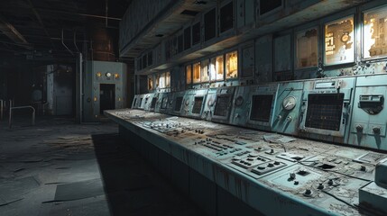 Generative AI Inside the control room at Chernobyl, control panels, abandoned consoles, eerie lighting, detailed linework, atmospheric scene