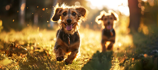 Two cute dachshund dogs running on the grassy sunny clearing of a forest in the afternoon sunset. Daytime outdoor shot in the woods.