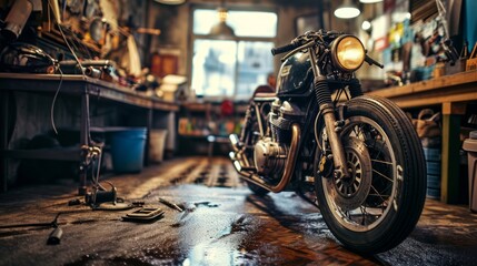 Generative AI Motorcycle repair, grease-stained floors, engine parts, gritty ambiance, high-definition workshop setting