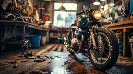 Keuken foto achterwand Motorfiets Generative AI Motorcycle repair, grease-stained floors, engine parts, gritty ambiance, high-definition workshop setting