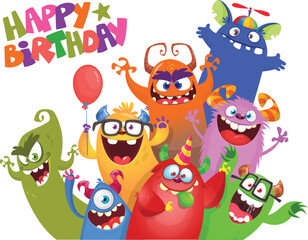 Fototapeta premium Cute cartoon Monsters. Vector set of cartoon monsters with balloons and party hats for birthday party. Illustration isolated