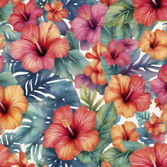 A vibrant pattern of tropical hibiscus flowers. 