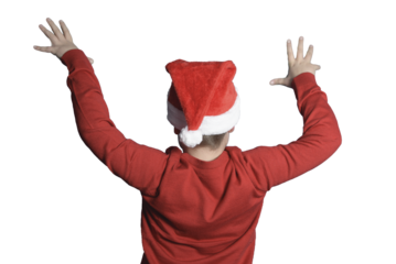 A boy in a Santa suit with his back to the camera. Wave your arms like an orchestra conductor. Transparent