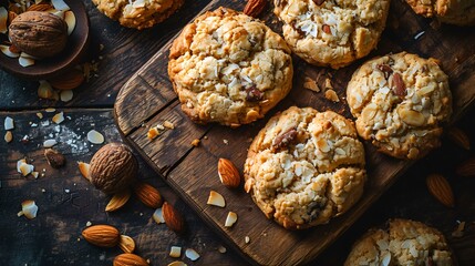Homemade oatmeal cookies with nuts and raisins on wooden background - obrazy, fototapety, plakaty